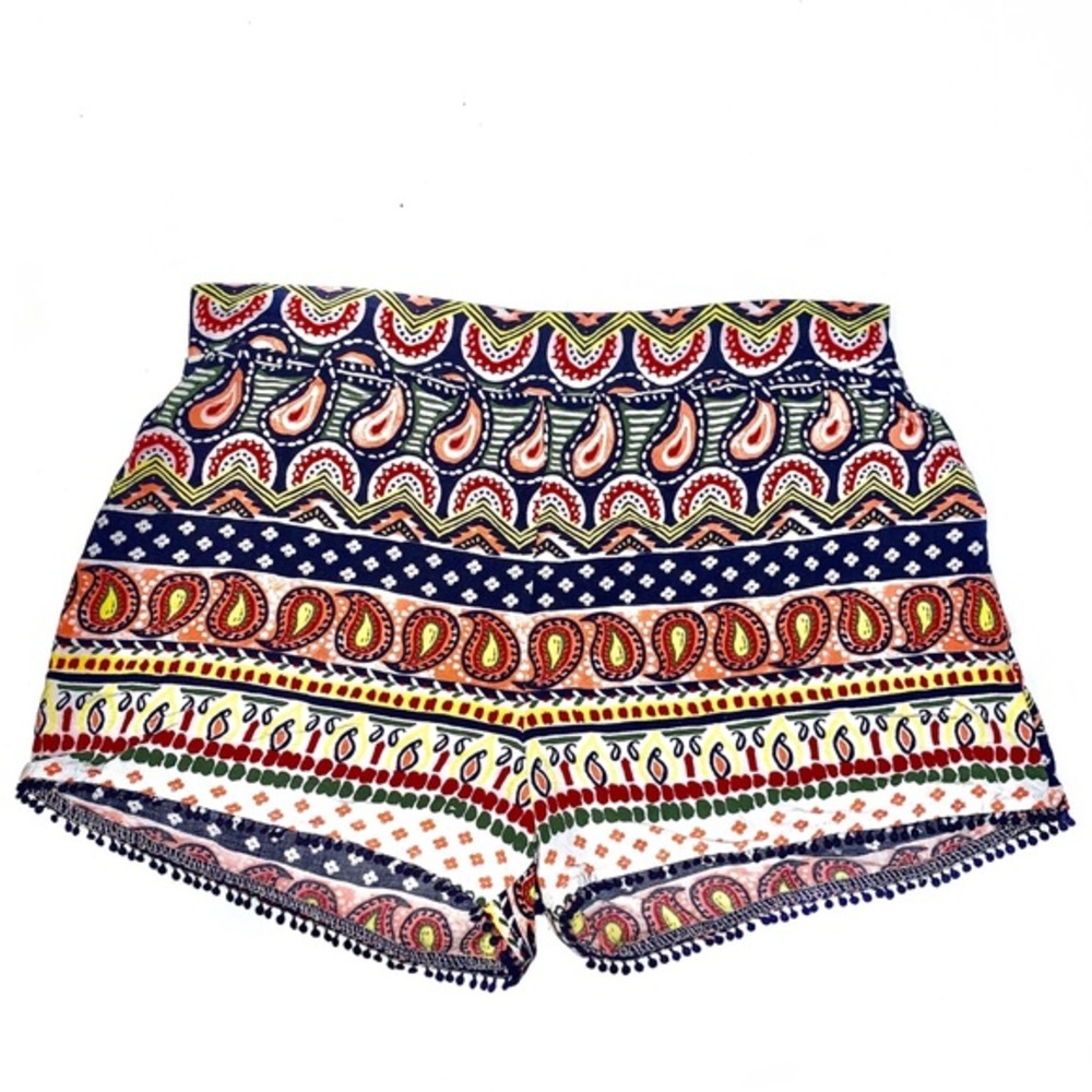 Olsenboye size M multicolor paisley BOHO rayon high waist shorts w blue trim leg